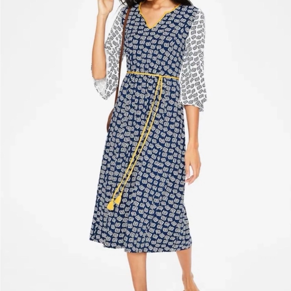 Boden Navy and White Printed Maxi Dress with Yellow Trim